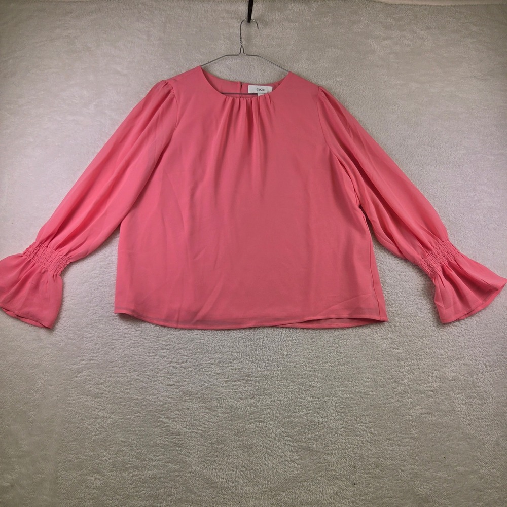 CeCe Womens Pink Pleated Neck Smocked Cuff Long Sleeve Blouse Size M